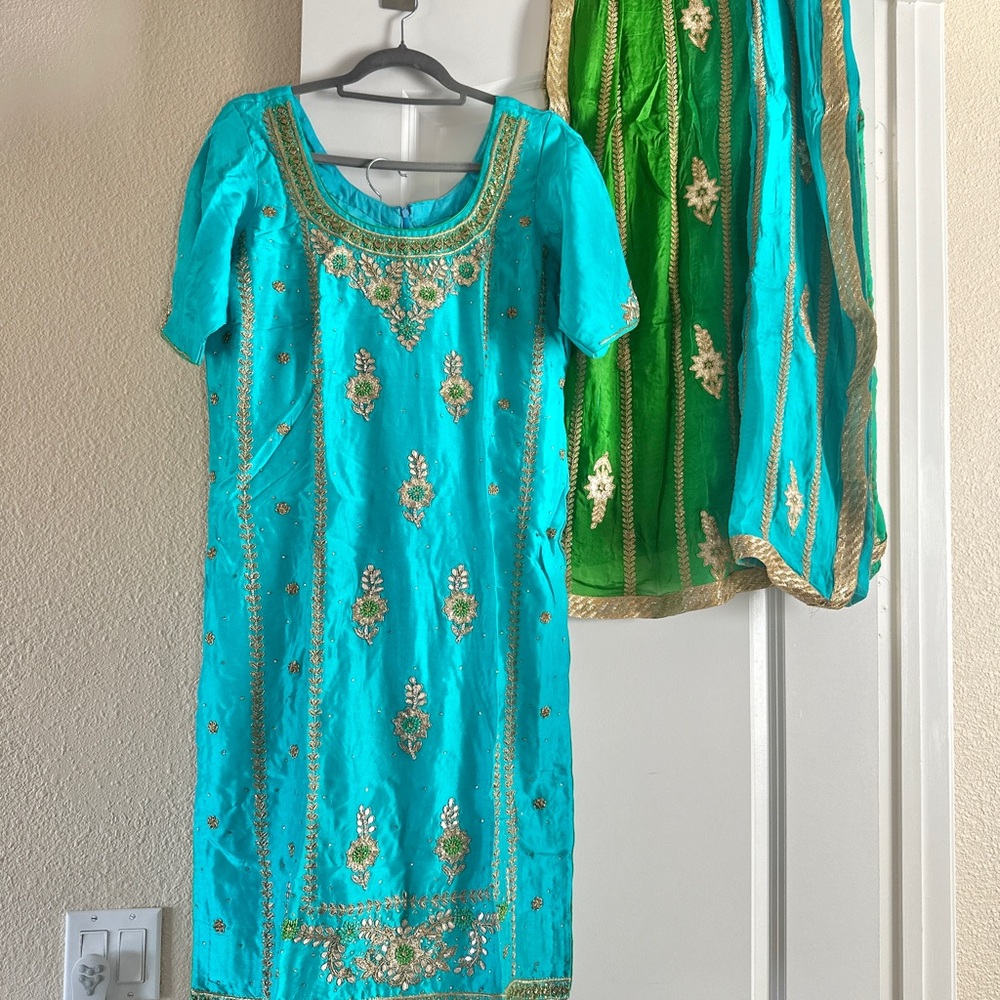 Elegant Turquoise and Green Embellished Pantsuit